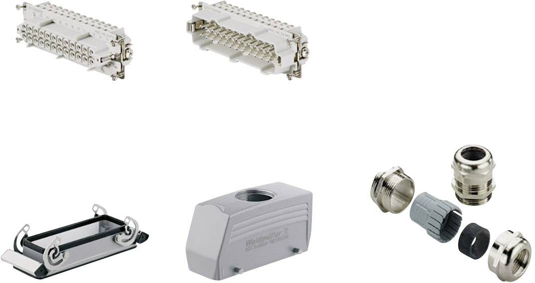 Différents composants de connexion électrique, comprenant des blocs de bornes et des presse-étoupes, sur fond blanc.