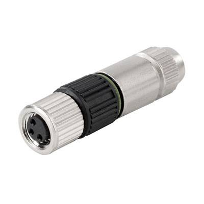 Un connecteur cylindrique métallique à poignée striée et quatre trous de connexion, adapté aux branchements électriques.