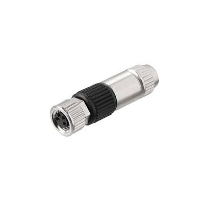 Connecteur avec boîtier métallique, forme cylindrique, embase à 5 broches, adapté aux applications industrielles.