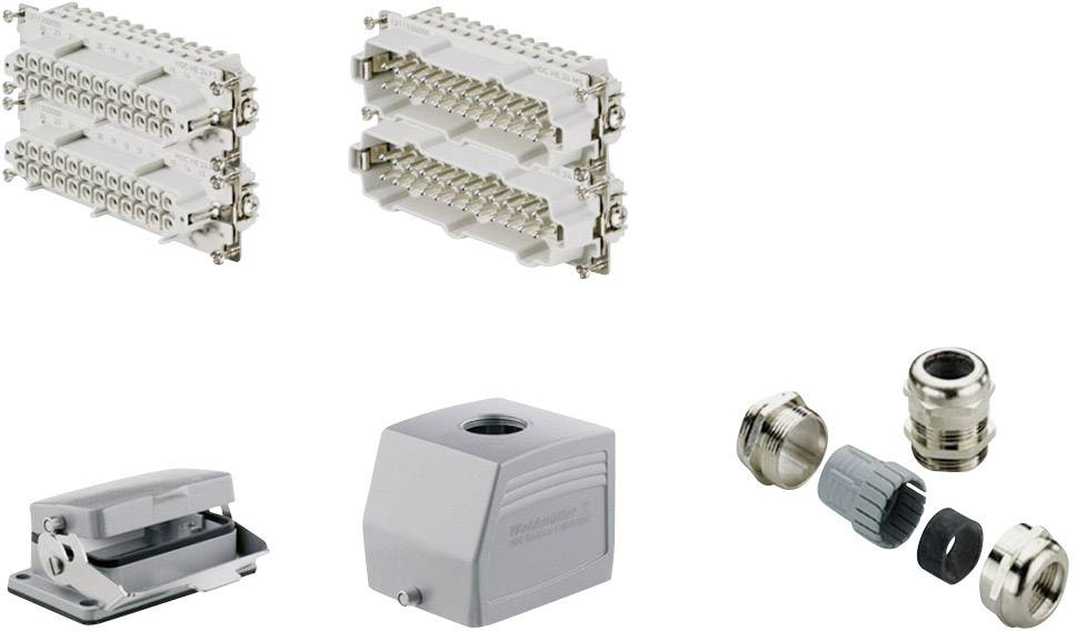 Connecteurs individuels et boîtiers de différentes formes et tailles, utilisés pour des connexions électriques et mécaniques.