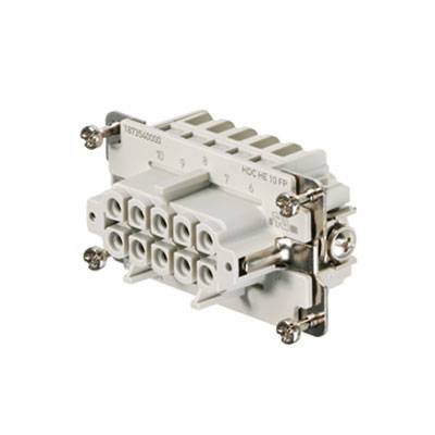 Un connecteur électrique rectangulaire avec plusieurs broches rondes. Des vis sur les côtés fixent l'unité de contact.