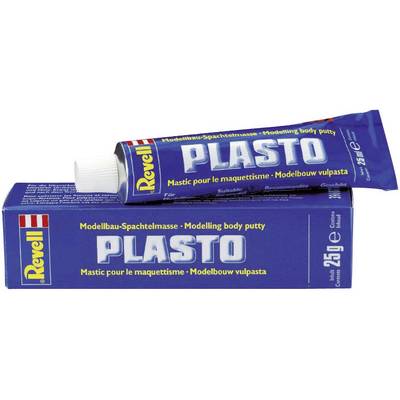Un tube bleu de mastic de modélisme 'Revell Plasto' avec son emballage d'origine. Le texte sur l'emballage est mentionné.