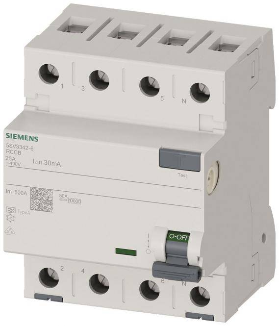 Siemens 5SV3342-6 - Disjoncteur différentiel, 4 pôles, type A, In : 25 A, 30 mA