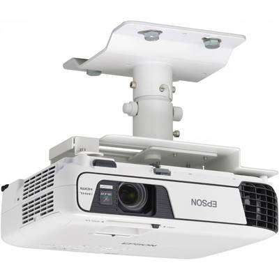 Un projecteur blanc, monté sur un support de plafond, avec le nom de la marque visible sur l'avant.