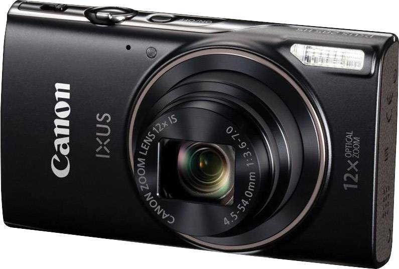 Un appareil photo numérique noir portant l'inscription 'Canon IXUS', équipé d'un objectif zoom optique 12x et d'un flash.