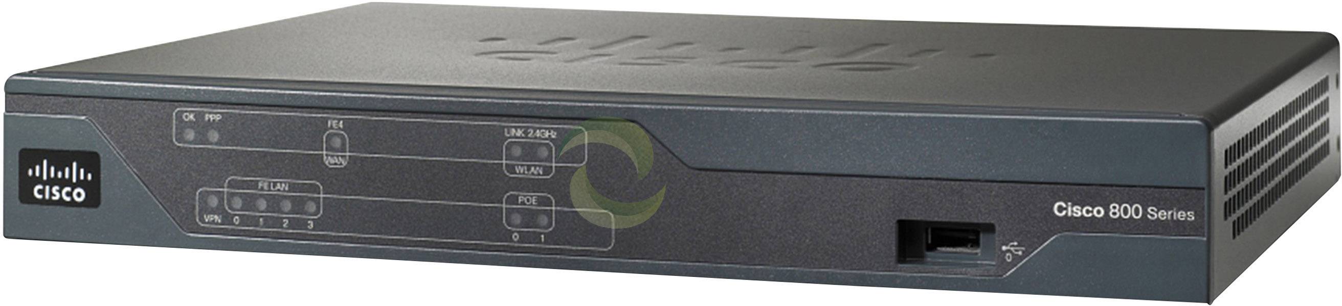 Un routeur réseau noir de la marque Cisco, modèle série 800, doté de plusieurs ports et d'un indicateur LED sur la façade.