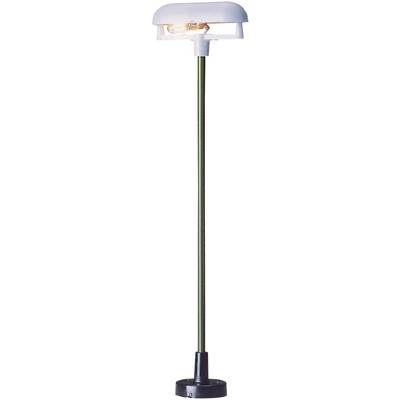 Lampadaire avec abat-jour rond et plat, tige verte et base noire.
