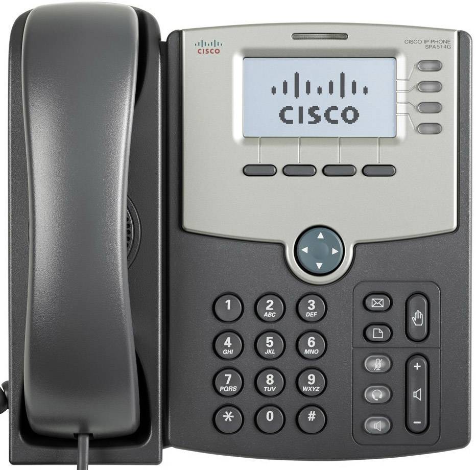 Combiné et clavier d'un téléphone de bureau avec écran affichant le logo Cisco. Les touches comprennent des chiffres et des symboles de fonction.