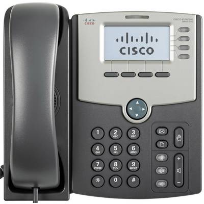 Combiné et clavier d'un téléphone de bureau avec écran affichant le logo Cisco. Les touches comprennent des chiffres et des symboles de fonction.