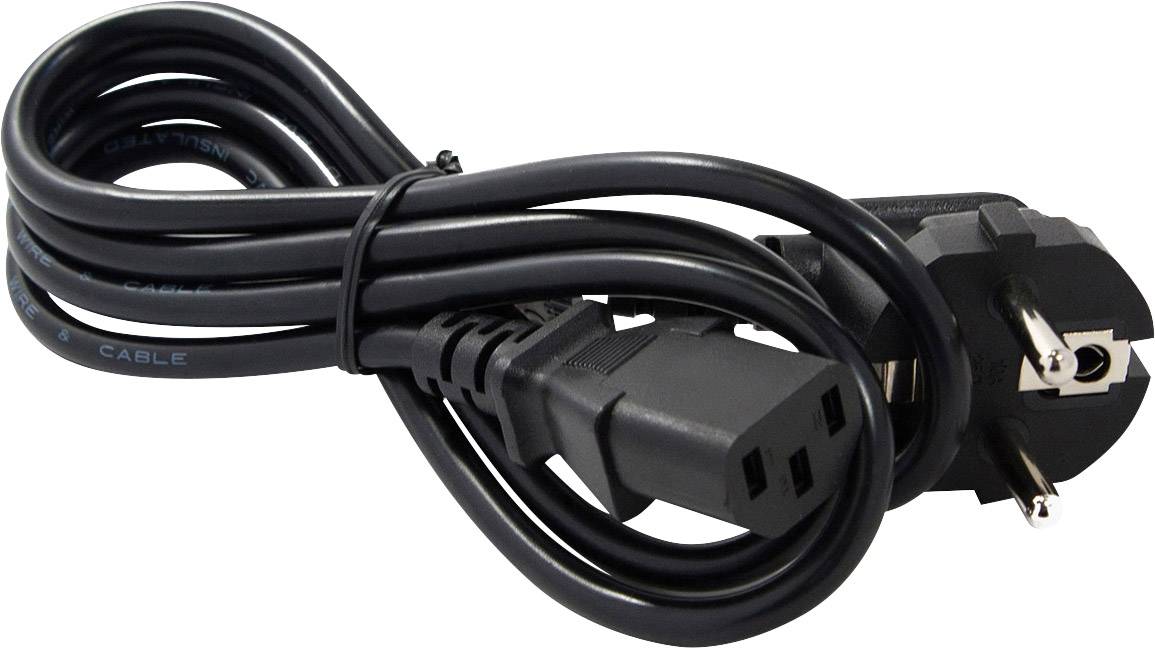 Câble réseau noir avec fiche tripolaire et couplage C13, couramment utilisé pour les appareils électroniques tels que les ordinateurs.