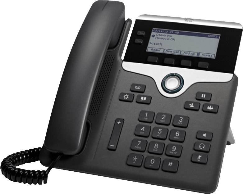 Un téléphone de bureau noir avec un affichage numérique et un clavier. Il affiche un historique d'appels et dispose de fonctions telles que « nouvel appel » et « fin ».