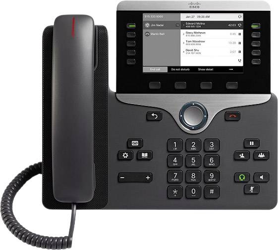 Un téléphone fixe moderne avec un grand écran, affichant une liste d'appels. Les touches et le combiné sont bien visibles.