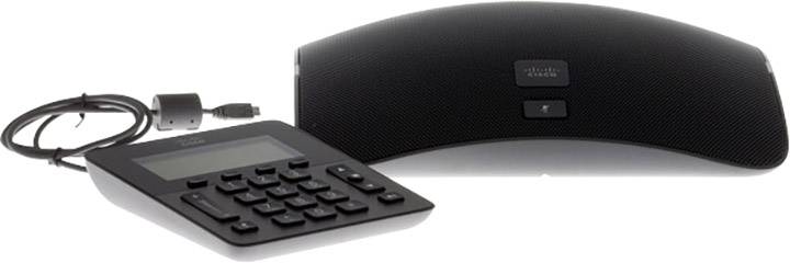 Téléphone de conférence avec panneau de commande et câble, adapté aux réunions professionnelles et aux téléconférences dans les bureaux ou les salles de réunion.