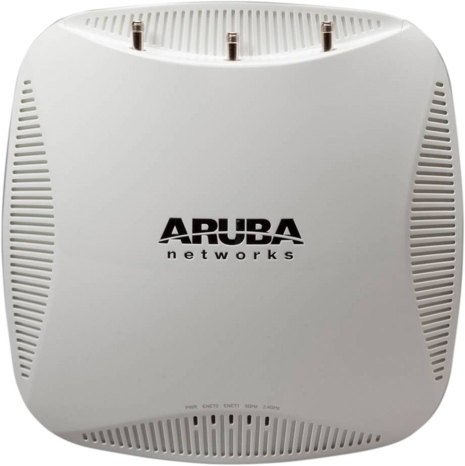 Un point d'accès Wi-Fi Aruba Networks permettant une connexion internet sans fil dans un bâtiment. Appareil blanc et carré avec des fentes de ventilation.