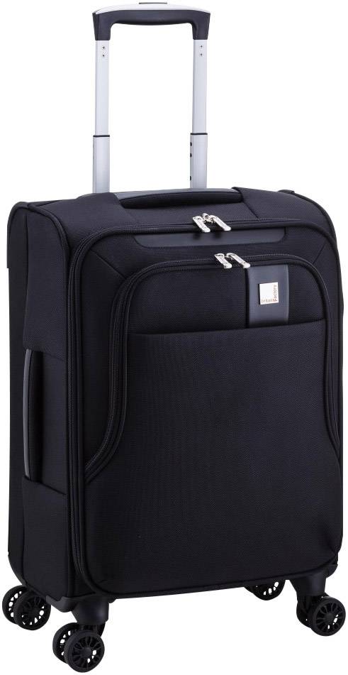 Une valise noire à quatre roues avec une poignée télescopique, idéale pour les voyages.