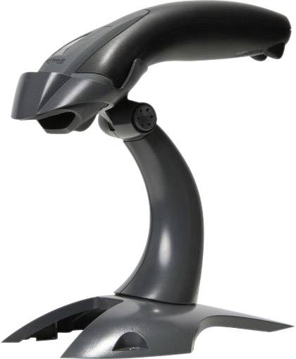 Un scanner noir portable avec support, adapté aux magasins pour la lecture de produits ou de codes-barres.