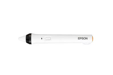 Un stylo blanc portant l'inscription 'EPSON', au design élégant, adapté aux écrans interactifs ou aux projecteurs.