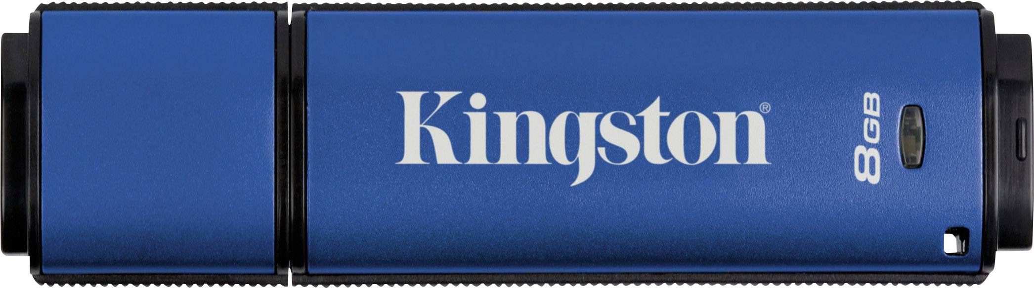 Une clé USB bleue portant l'inscription « Kingston 8 Go ».