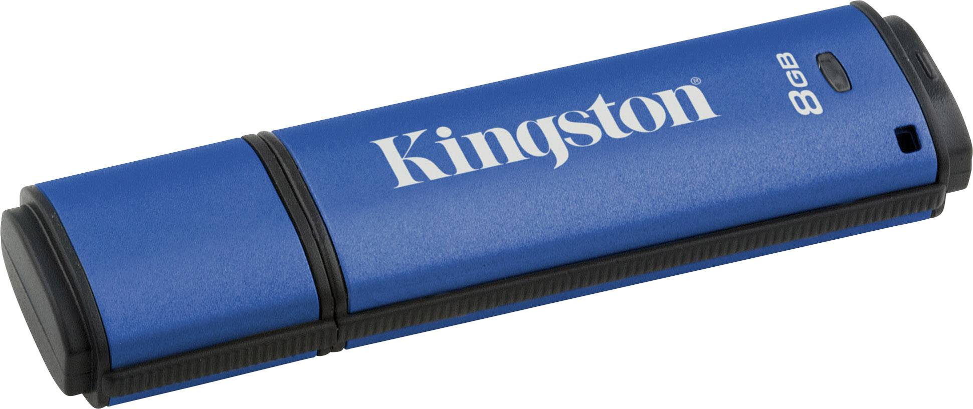 Clé USB bleue portant l'inscription « Kingston 8 Go », montrant un support de stockage pour le transfert et la conservation de données.