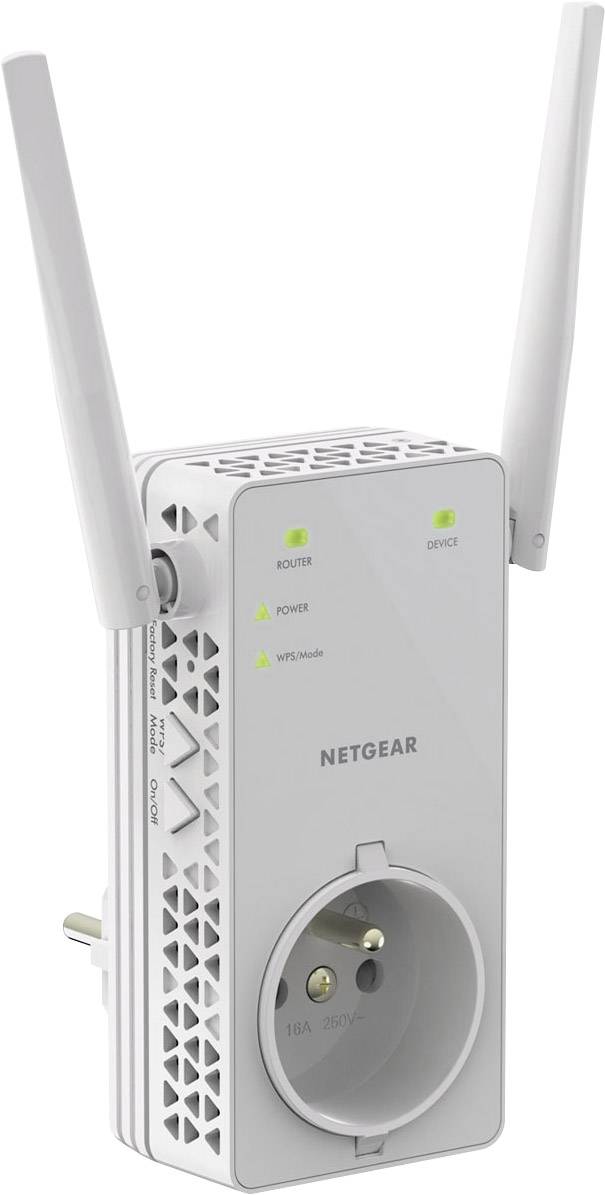 Répéteur réseau avec deux antennes, prise électrique, voyants d'état verts pour 'Routeur', 'Appareil', ainsi que 'Alimentation' et 'WPS'.