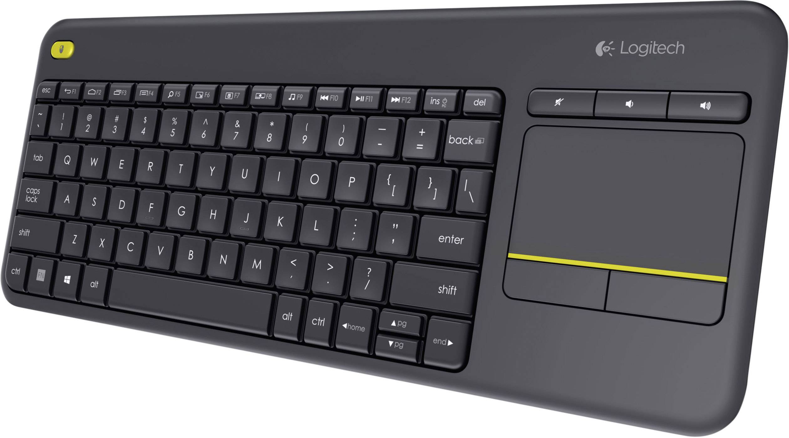 Clavier noir sans fil avec pavé tactile intégré, bouton marche/arrêt jaune en haut à gauche, compact et adapté à une utilisation confortable.