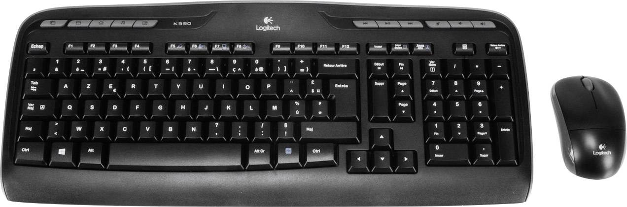 Clavier noir sans fil avec pavé numérique et souris optique assortie. Convient pour ordinateurs de bureau.