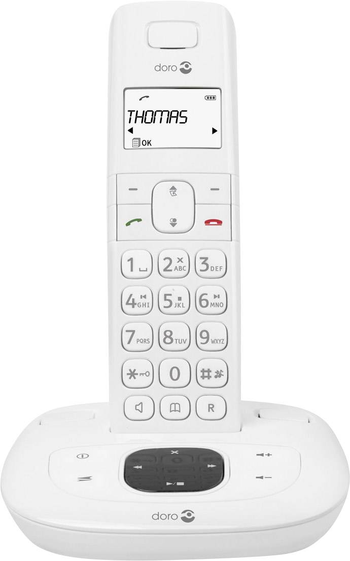 Téléphone sans fil sur sa station de charge. L'écran affiche 'Thomas', touches mises en évidence. Adapté pour une utilisation et une communication simples.