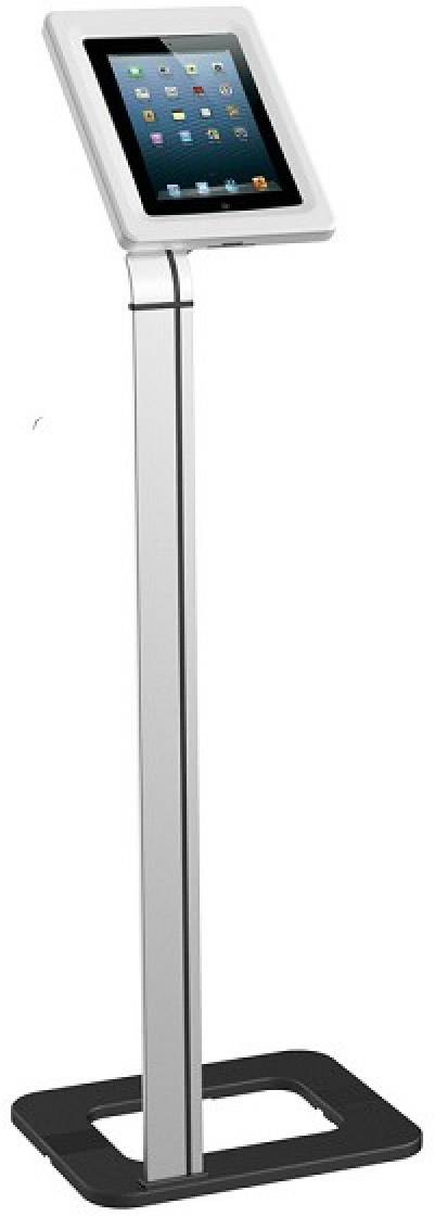 Une tablette dans un support réglable en hauteur est placée verticalement. L'écran affiche plusieurs icônes d'applications.