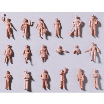 Plusieurs petites figurines en plastique rose, représentant différentes professions, sont disposées sur une surface grise. Chaque figurine adopte une posture ou un geste spécifique.