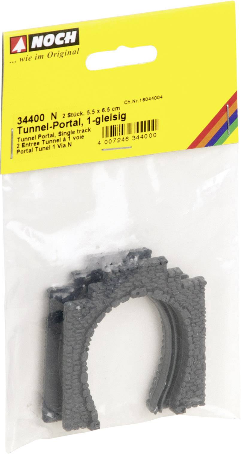 'Noch Tunnel-Portal, 1 voie, 34400 N' dans son emballage, présente 2 portails de tunnel en plastique aspect pierre gris foncé pour modélisme ferroviaire.
