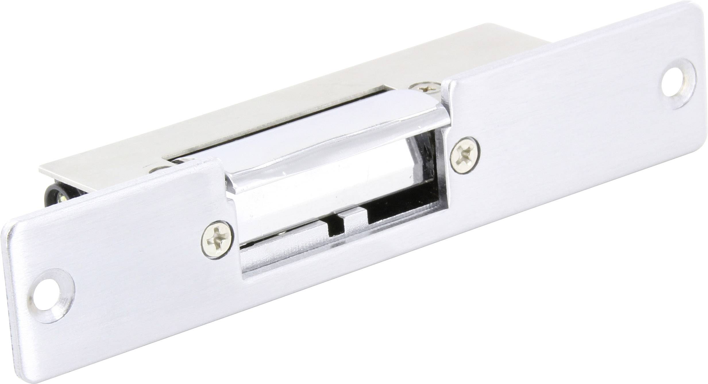 Un ouvre-porte argenté, rectangulaire, avec deux vis et un mécanisme mobile au centre.