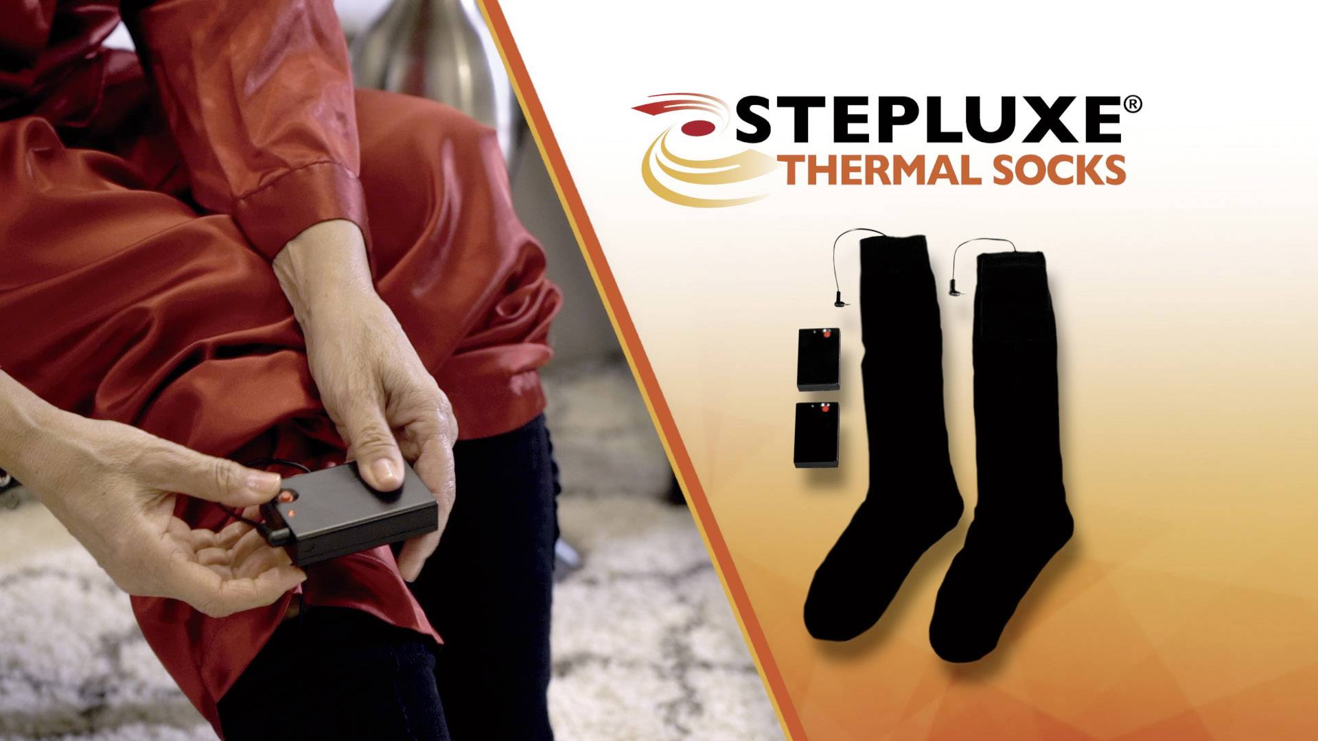 Une personne règle des chaussettes noires chauffantes. À droite, le logo 'Stepluxe Thermal Socks' et une image des chaussettes avec leur système de contrôle.