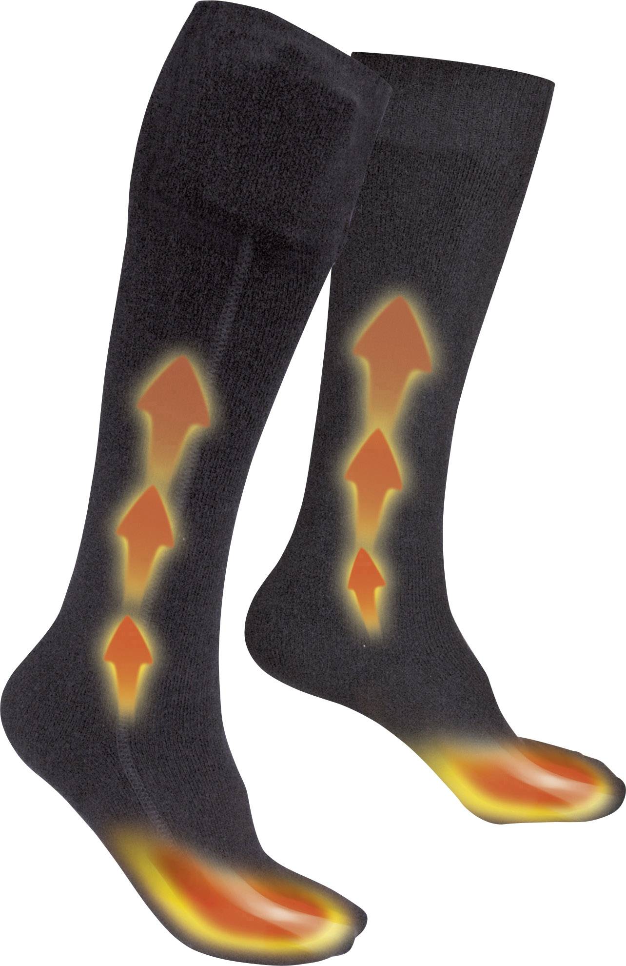 Des chaussettes noires équipées d'éléments chauffants qui diffusent de la chaleur depuis les orteils jusqu'au mollet, représentées par des flèches lumineuses.