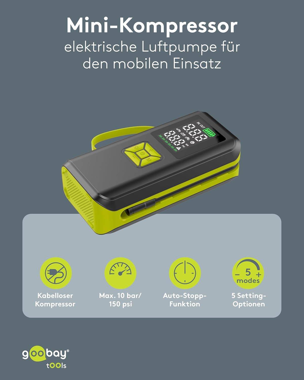 Compresseur à batterie Goobay – Pompe à air portable jusqu'à 10 bars / 150 psi-1