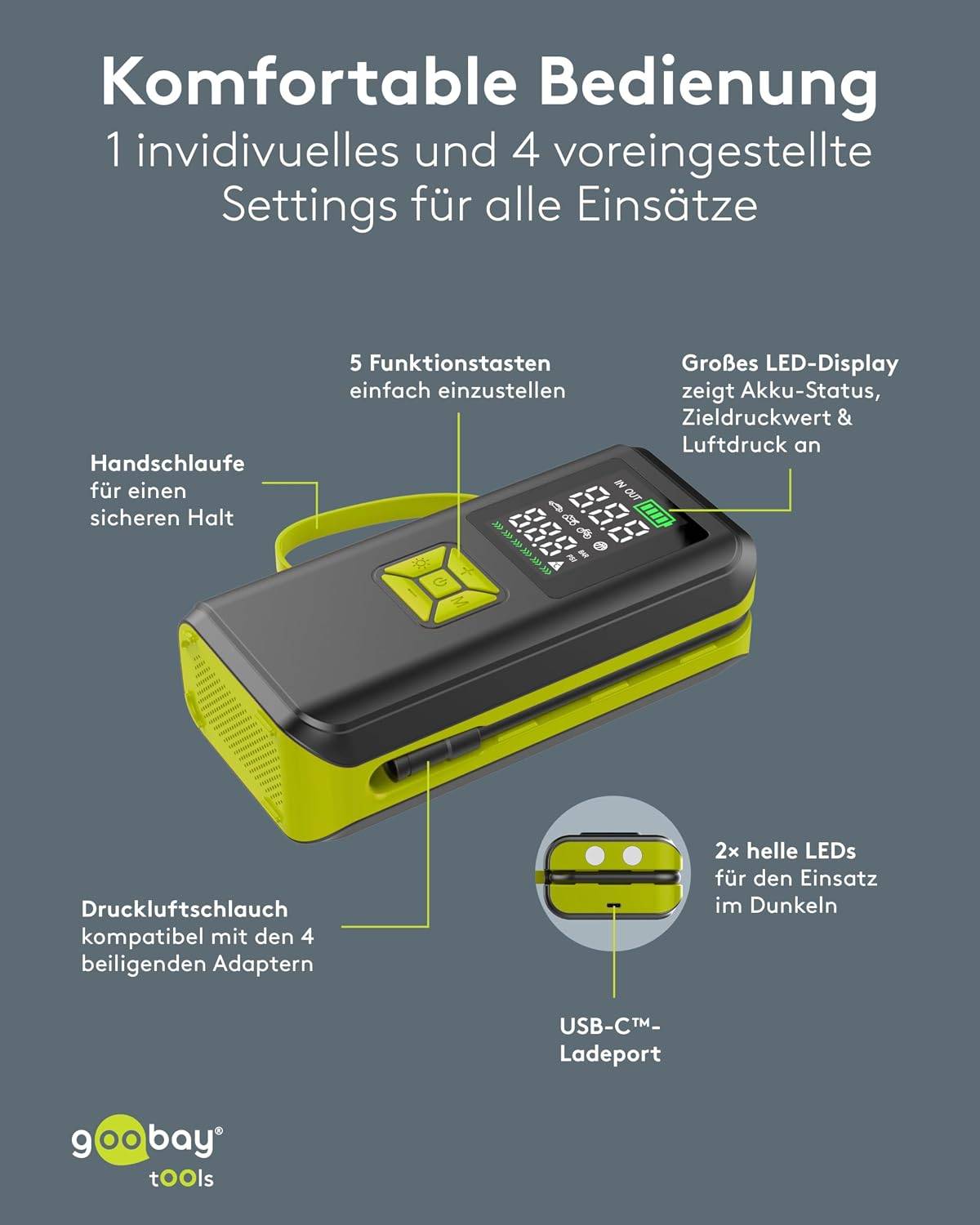 Compresseur à batterie Goobay – Pompe à air portable jusqu'à 10 bars / 150 psi-3