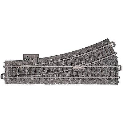 Aiguillage de chemin de fer avec deux déviations de rails, adapté pour les trains miniatures. Détails tels que traverses et raccords de rails visibles.