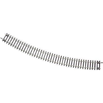 Un morceau de rail de chemin de fer miniature courbé, utilisé pour guider le parcours dans les maquettes ferroviaires.