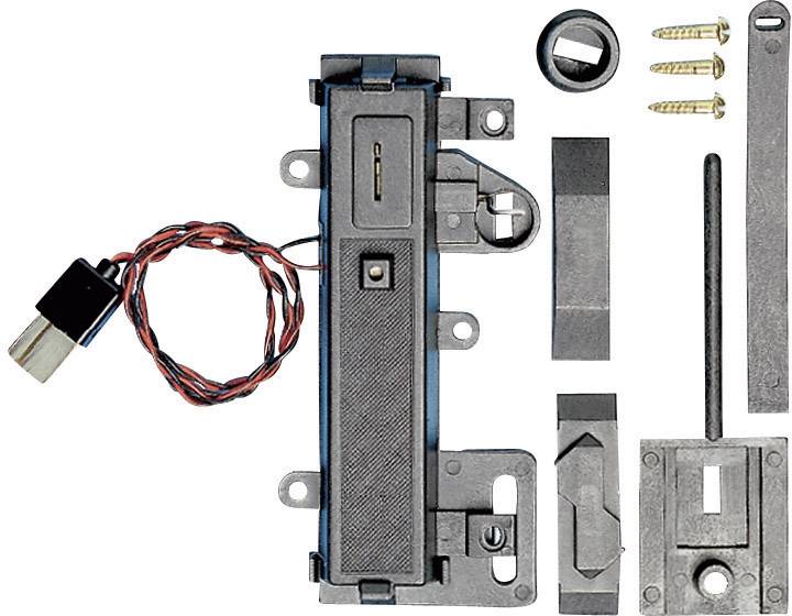 Une serrure électronique avec câble, trois vis, adaptateur cylindrique et plusieurs modules de montage.