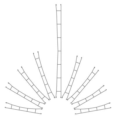 Plusieurs échelles partant en éventail d'un axe central forment un motif circulaire sur un fond blanc.