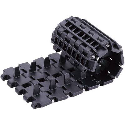 Goulotte de câbles en plastique noir en position ouverte, avec des maillons rectangulaires et un mécanisme de rabattement, destinée à guider et organiser les câbles.