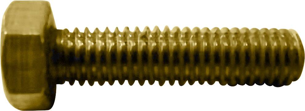 Un boulon métallique à tête hexagonale et filetage, posé horizontalement sur un fond blanc.
