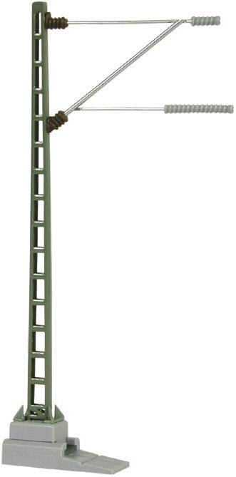 Un mât de modèle sans courant en métal vert avec deux traverses isolées, monté sur un socle gris.