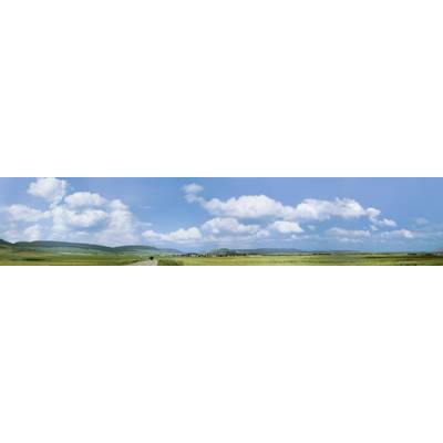 Panorama d'un paysage verdoyant avec de vastes champs sous un ciel bleu parsemé de nuages blancs. Des collines sont visibles à l'horizon.