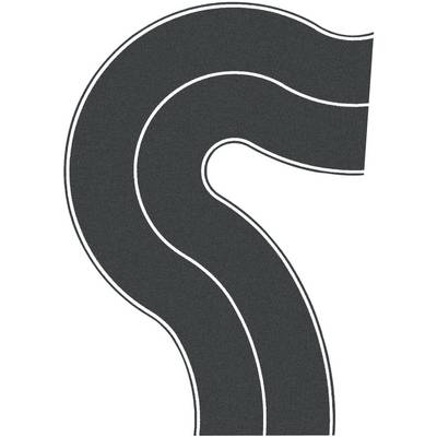 Une route sinueuse noir et gris avec des marquages blancs sur la chaussée, décrivant un virage.