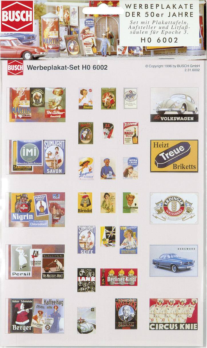 Une collection d'affiches publicitaires des années 50, présentée par Busch. Différentes marques et produits sont représentés, notamment des voitures et des produits ménagers.