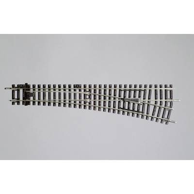 Aiguillage ferroviaire sur un fond gris, montrant la bifurcation d'un tronçon de rail en deux directions.