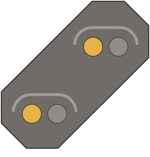 Forme grise octogonale avec deux cercles colorés : un orange et un gris. Ornée de lignes grises en haut et en bas.