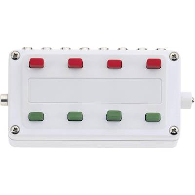 Un appareil électronique doté de six boutons, trois rouges en haut et trois verts en bas, sur un boîtier rectangulaire blanc.