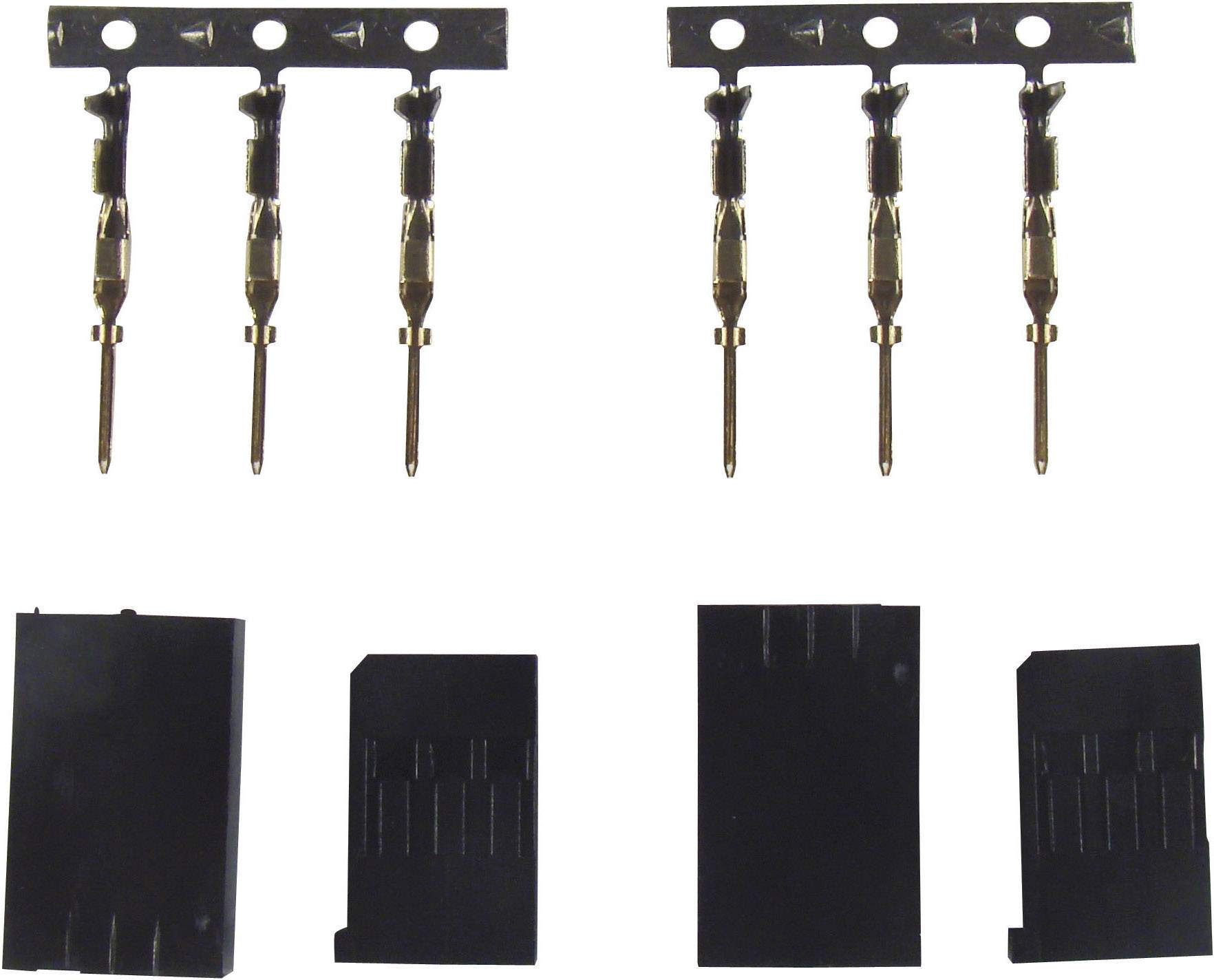 Quatre broches métalliques verticales en haut et quatre pièces en plastique noir en bas, probablement des connecteurs ou des composants électroniques.