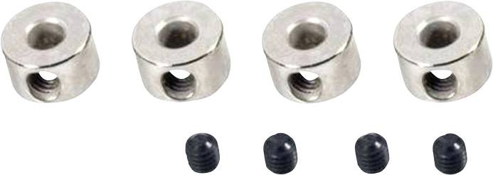 Quatre serre-cordes en argent et quatre vis noires, utilisées pour la fixation des cordes sur des instruments de musique, sont disposées côte à côte.